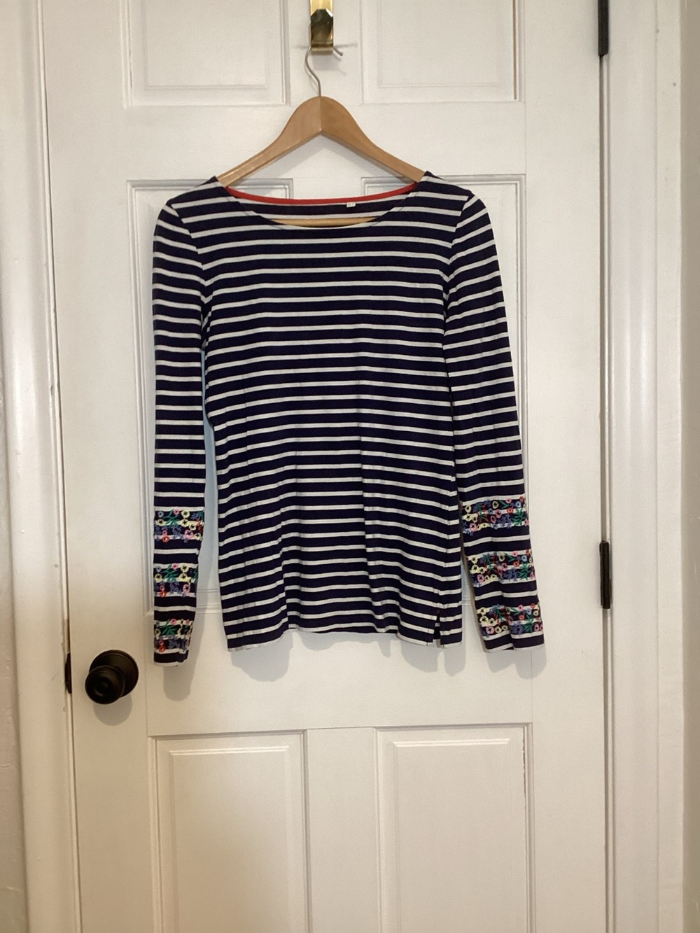Boden Navy and White Striped Long-Sleeve Top with Floral Accents 100% Cotton 6